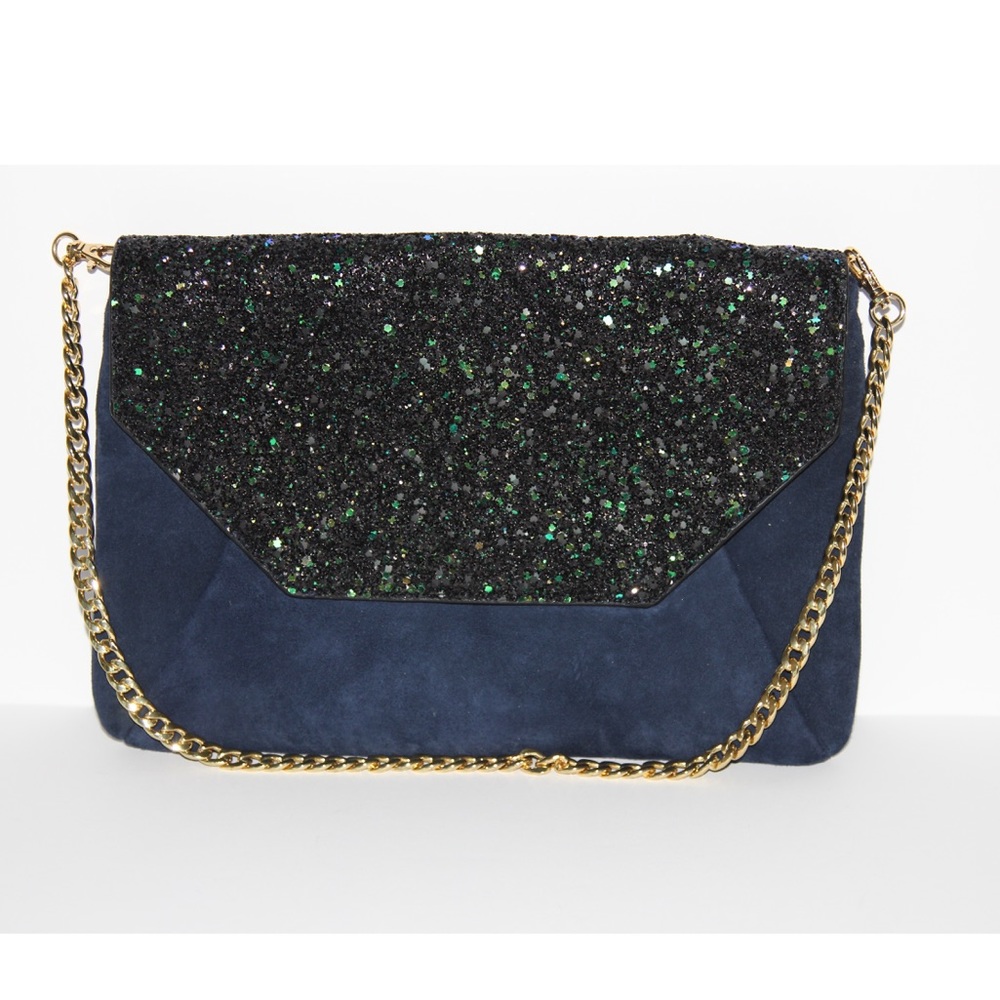Ann Taylor navy and green glitter clutch